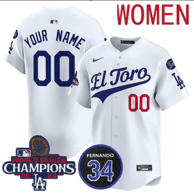 Women MLB Los Angeles Dodgers Custom white 2024 World Series Champions Patch Cooperstown Jersey 